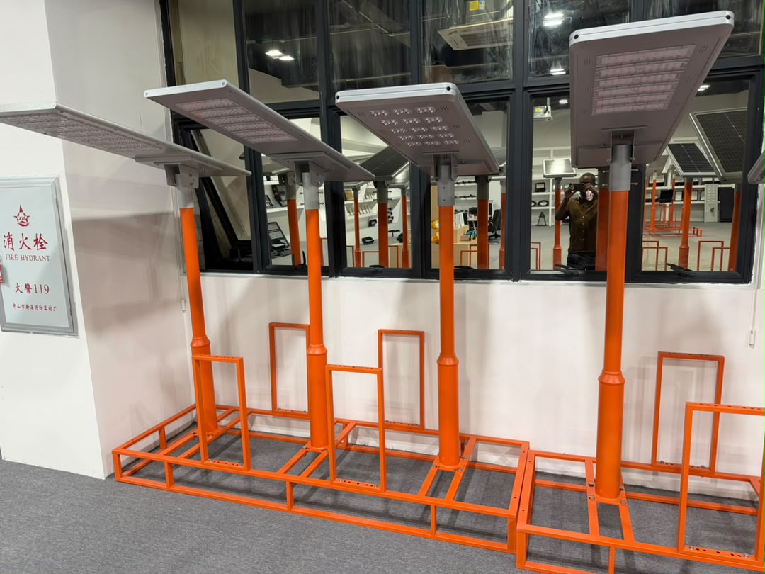 Range of decorative solar street lights in a showroom