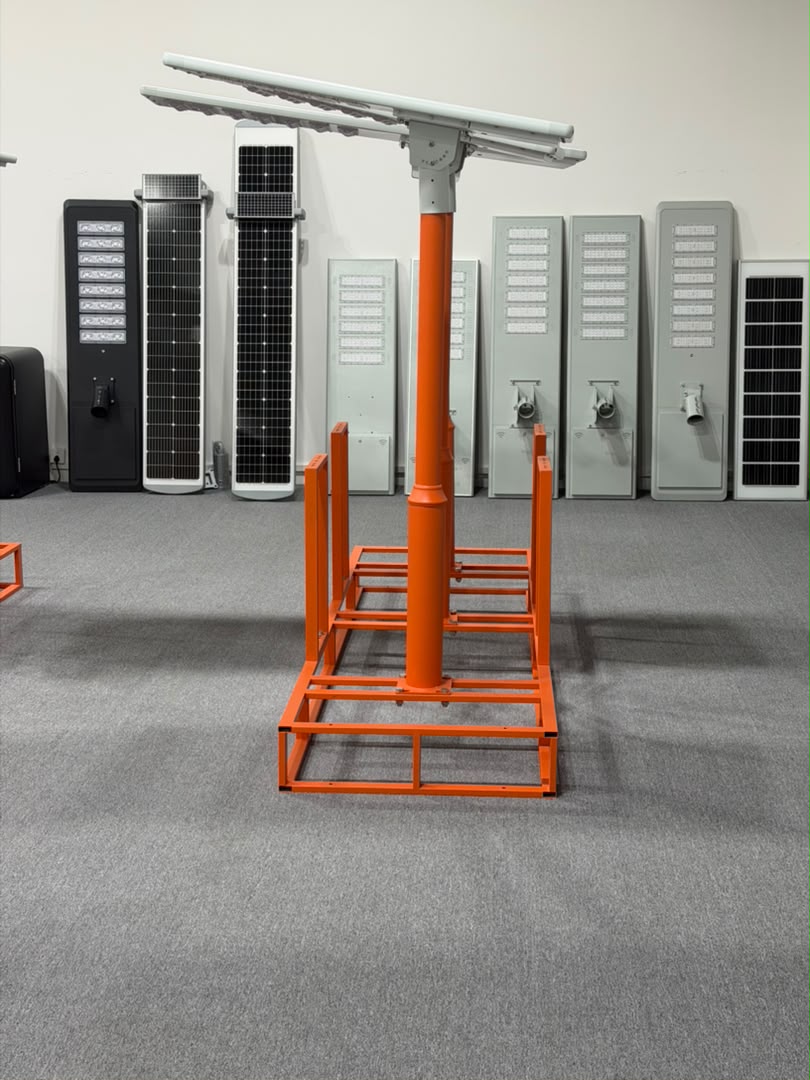 Single orange decorative solar street light in a showroom